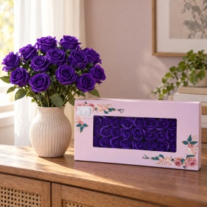 Trandafiri decorativi din săpun, cutie cadou, set 50 de bucăți, mov închis, 5cm - Img 4