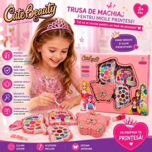 Trusă de Machiaj pentru Copii Cute Beauty – Set Machiaj Tip Fluture cu Farduri, Ruj și Accesorii - Img 2