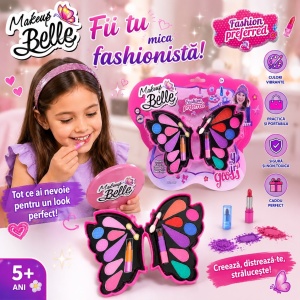 Trusă de Machiaj pentru Copii în Formă de Fluture, Makeup Belle, Set Cosmetic cu Oglindă și Accesorii