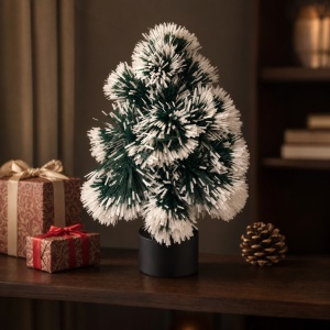Brad decorativ de Crăciun artificial, cu lumini, verde cu alb, suport negru, 30x10cm - Img 3
