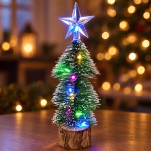 Brăduț decorativ luminos LED pentru Crăciun, pe suport din lemn, baterii incluse, 20x8 cm - Img 4