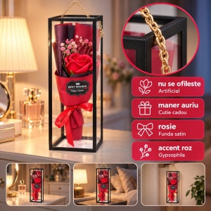Buchet decorativ cu trandafir artificial roșu, în cutie cadou cu mâner auriu