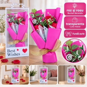 Buchet decorativ cu trandafiri roșii, buchet roz cu fundă aurie, în cutie cadou, 25cm