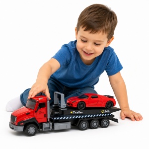 Camion remorcare cu masina sport rosie, model metalic die-cast, functie pull back, 26.5 cm - Img 2