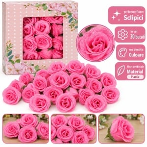 Capete de trandafiri artificiali cu sclipici, set 30 de bucăți, roz deschis, plastic, 8 cm