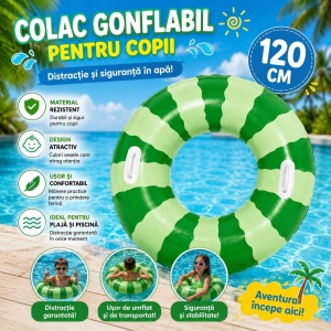 Colac Gonflabil Pepene Verde pentru Copii, 120 cm – Colac de Înot cu Mânere pentru Piscină și Plajă - Img 2