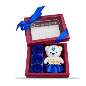 Decoratiune cadou cu 3 trandafiri din săpun și ursuleț I LOVE YOU, albastru, cu fundita, 20cm - Img 3