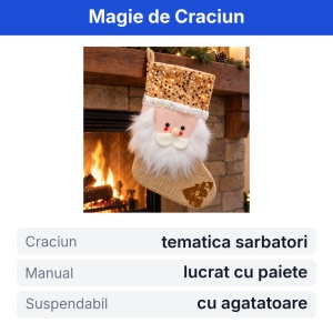 Decoratiune ciorapel de Craciun, model crem cu Mos Craciun, paiete aurii, 35x18cm - Img 2