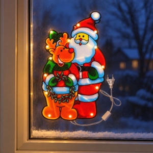 Decorațiune luminoasă de Crăciun cu Moș Crăciun și ren, 20 becuri multicolore, priză, 50×27 cm - Img 3