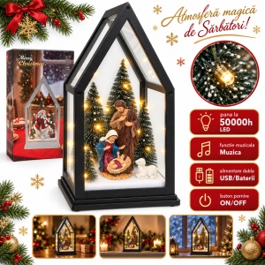 Decoratiune luminoasa de Crăciun cu muzica, model cu Nașterea Domnului, 28x14 cm