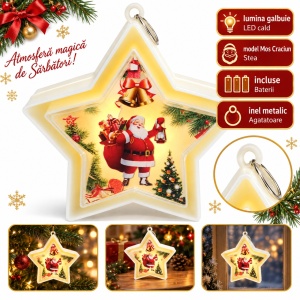 Decoratiune luminoasă in forma de stea, cu Moș Crăciun, cu lumina LED, 14 × 14 cm