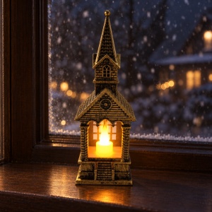 Felinar de Craciun cu Lumanare LED, Turn Biserica, Auriu Antichizat, 17,5 cm - Img 4