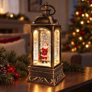 Felinar decorativ de Crăciun cu figurină Moș Crăciun, cu lumini LED si muzica, 29x14 cm - Img 4
