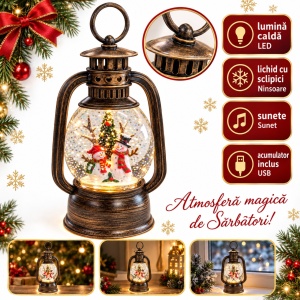 Felinar decorativ de Crăciun, cu lumini LED si muzica, 19x8 cm