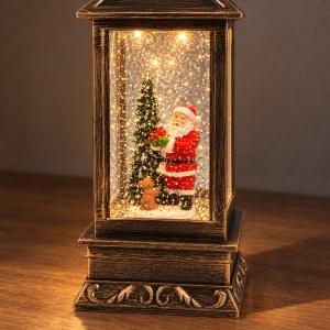 Felinar decorativ de Crăciun cu lumini LED și muzică, model cu Moș Crăciun, 28x10 cm - Img 5