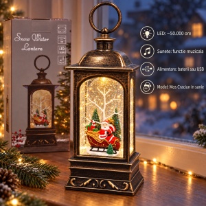 Felinar decorativ de Craciun cu Mos Craciun, LED si sunete, USB si baterii, 27x12x11cm - Img 2