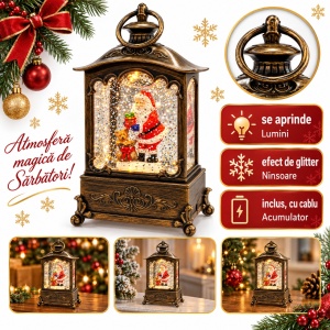 Felinar decorativ de Crăciun cu Moș Crăciun și ursuleț, cu lumini si sunete, 17x7 cm