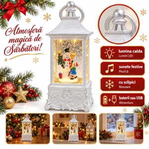 Felinar decorativ de Crăciun cu om de zăpadă, cu lumini LED și muzică, 22x9 cm