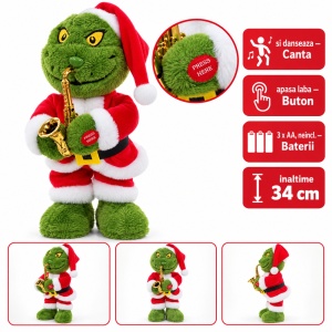 Figurină Grinch cu saxofon, cântă și dansează, pluș și plastic, aprox. 34 x 18 cm
