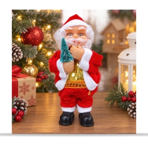 Figurină Moș Crăciun cu brăduț, catifea și plastic, 17 × 8 cm - Img 5