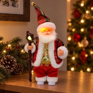 Figurină Moș Crăciun interactiv cu lumini, sunete și dans, baterii AA, 30x15 cm - Img 3