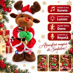 Figurina Ren interactiv din pluș cu saxofon, lumini și dans, pe baterii, 45x15 cm