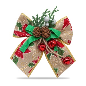 Fundă decorativă de Crăciun cu clopoței, conuri și crenguțe, pânză tip iută, 15x13cm