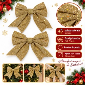 Fundiță decorativă de Crăciun aurie cu sclipici, set 2 bucăți, 90x18 cm