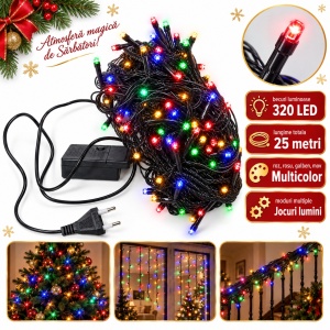 Instalatie LED tip Liniara, 320 LED, 25 m, Fir Negru, Multicolor, cu Jocuri de Lumini