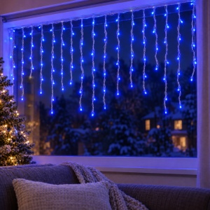 Instalație LED tip ploaie, 300 LED-uri albastre, 8 m, fir alb, multiple jocuri de lumini - Img 6