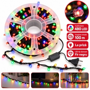 Instalație LED tip rolă, 100 m, 480 LED multicolore in forma de diamant, fir negru