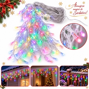 Instalatie luminoasa de Craciun tip turturi, 300 LED, multicolor, 13m, fir alb