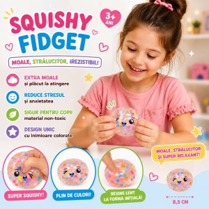 Jucărie Antistres Squishy Dumpling cu Bile din Gel și Inimioare Colorate, 8.5 cm