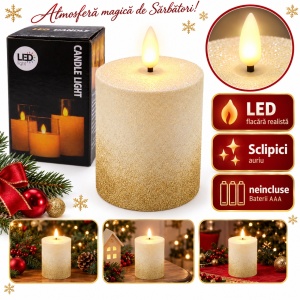 Lumânare LED decorativă de Crăciun, flacără realistă, sclipici auriu, 10x8,5 cm, plastic