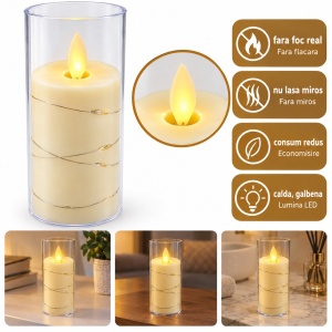 Lumânare LED decorativă, și sticla transparenta, efect realist flacără, 15,5 cm