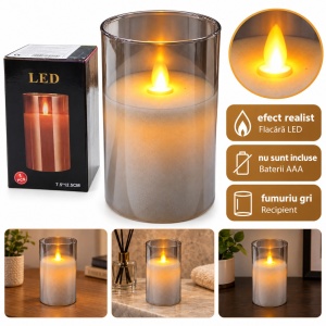 Lumânare LED în pahar din sticlă fumurie, efect flacără realist, baterii AAA, 7,5x12,5 cm