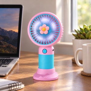 Mini ventilator de mână, reîncărcabil USB-C, 3 trepte de viteză, model floare, roz și turcoaz - Img 4