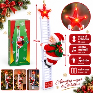 Moș Crăciun pe scară 70 cm (3 piese), figurină 20 cm, plastic și textil, muzică și lumini - Img 2