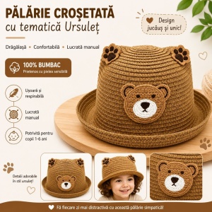 Palarie copii cu ursulet, crosetata manual, bumbac, model maro natur, 1-6 ani - Img 2