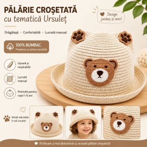 Palarie crem copii cu ursulet, crosetata manual, bumbac, model adorabil - Img 2