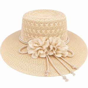 Pălărie de Plajă Crem cu Flori Decorative și Boruri Largi - Img 2