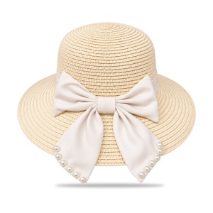 Pălărie de Plajă Crem cu Fundă Elegantă și Perle – Damă