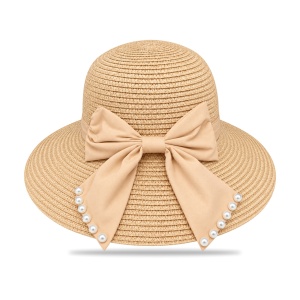 Pălărie de Plajă Maro cu Fundă Elegantă și Perle – Damă