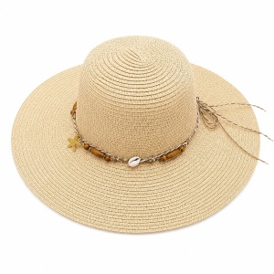 Pălărie de Soare Damă Bej cu Bor Lat și Accesorii Boho