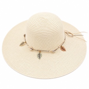 Pălărie de Soare Damă Crem cu Bor Lat și Accesorii Decorative – Elegantă