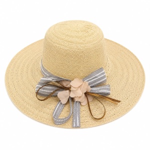 Palarie de Soare pentru Dama Bej cu Boruri Largi, Funda si Flori Decorative