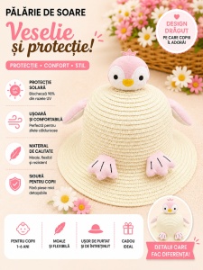 Palarie de Vara Crem pentru Copii, cu Design Pinguin si Protectie UV - Img 2