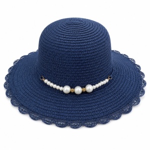Palarie de vara dama albastru inchis cu perlute decorative si protectie UV eleganta