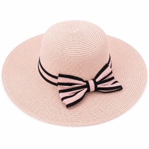 Palarie de vara dama roz cu funda eleganta pentru plaja, vacanta si protectie solara