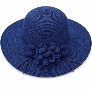 Palarie de Vara Eleganta pentru Femei, Albastru Navy cu Flori Decorative si Bor Lat